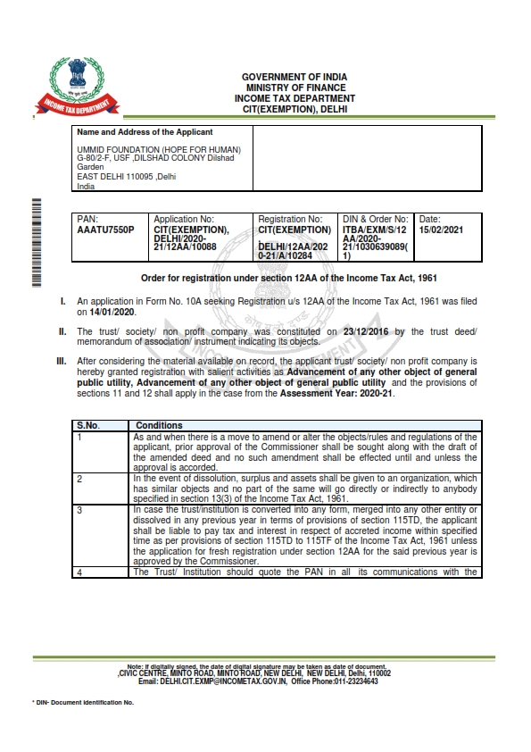 UMMID FOUNDATION HOPE FOR HUMAN TRUST Certificates Reports